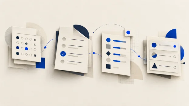 Conceptual illustration of evidence, review, learning path, and progress materials.