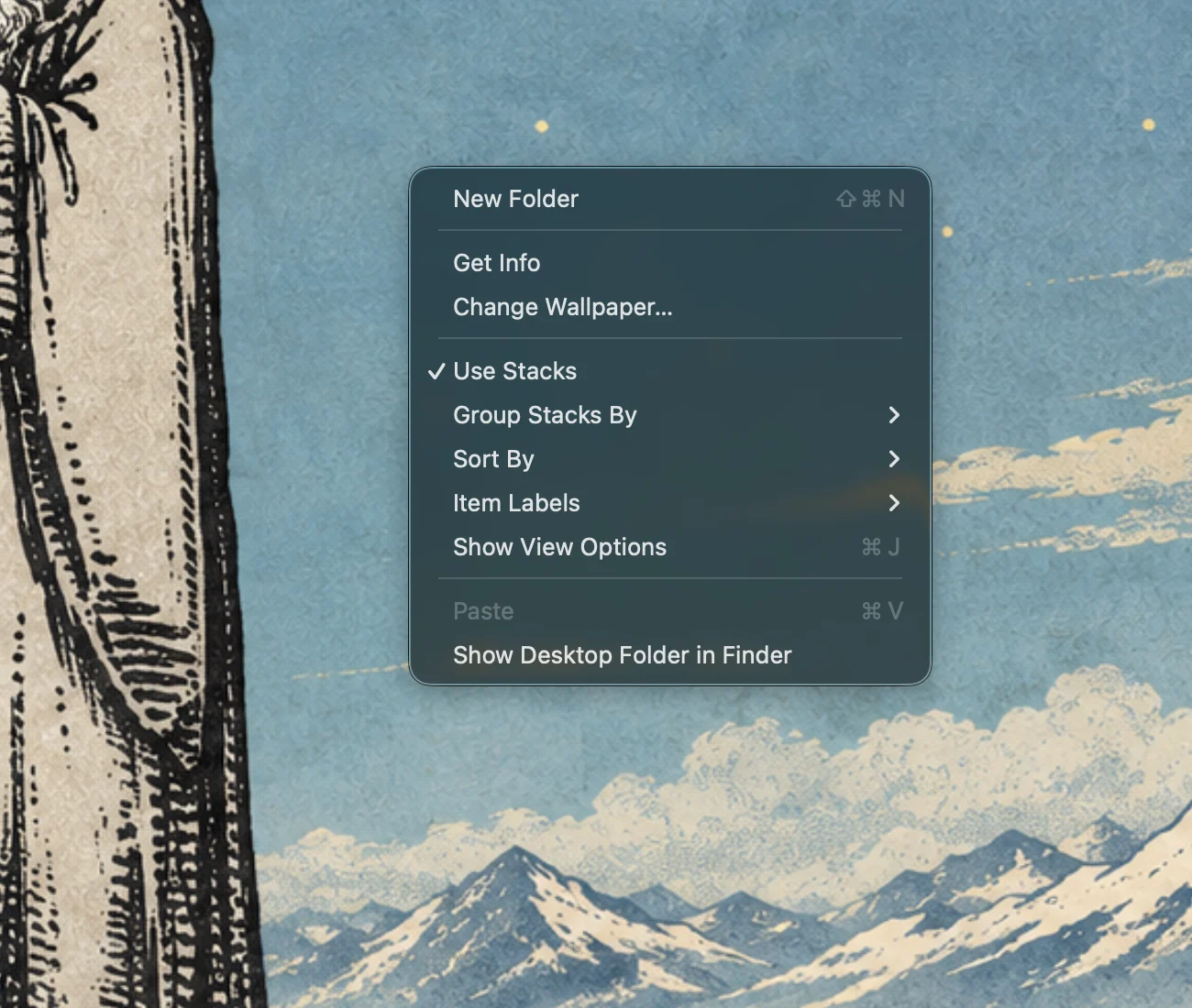 Desktop context menu with familiar actions including New Folder, Get Info, sorting, item labels, view options, and Show Desktop Folder in Finder.