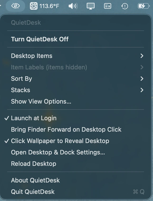 QuietDesk menu bar menu showing controls for desktop items, item labels, sorting, stacks, launch at login, Finder behavior, and reloading the desktop.