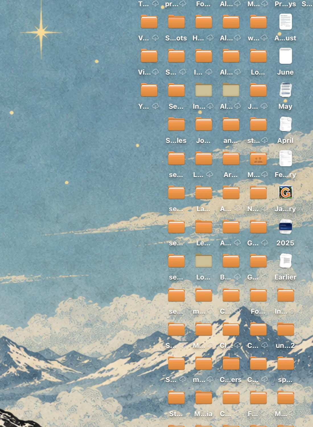 Desktop detail with a dense grid of file and folder icons and their visible names.
