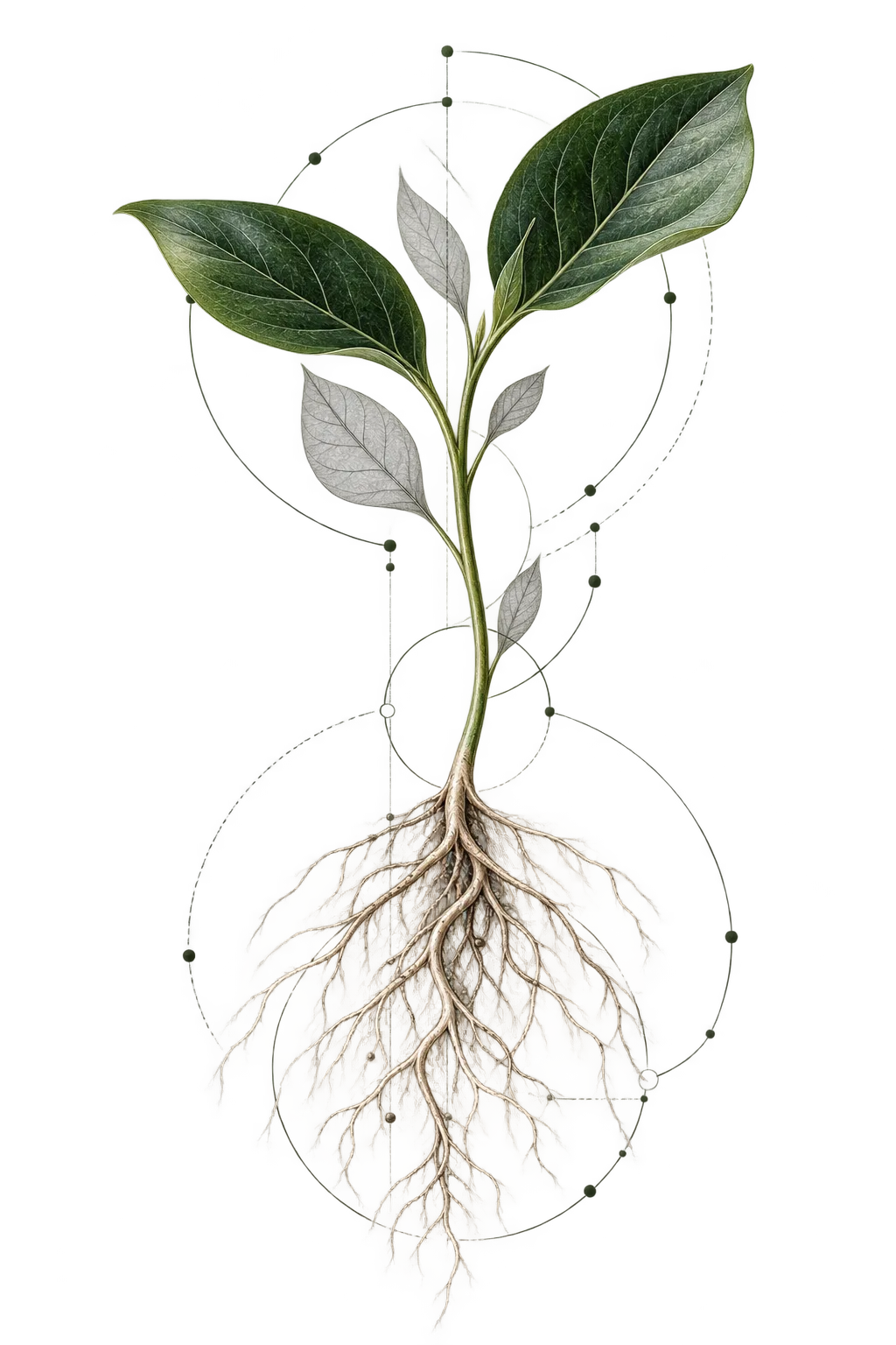 Botanical study with green leaves, pale diagram marks, and visible roots.