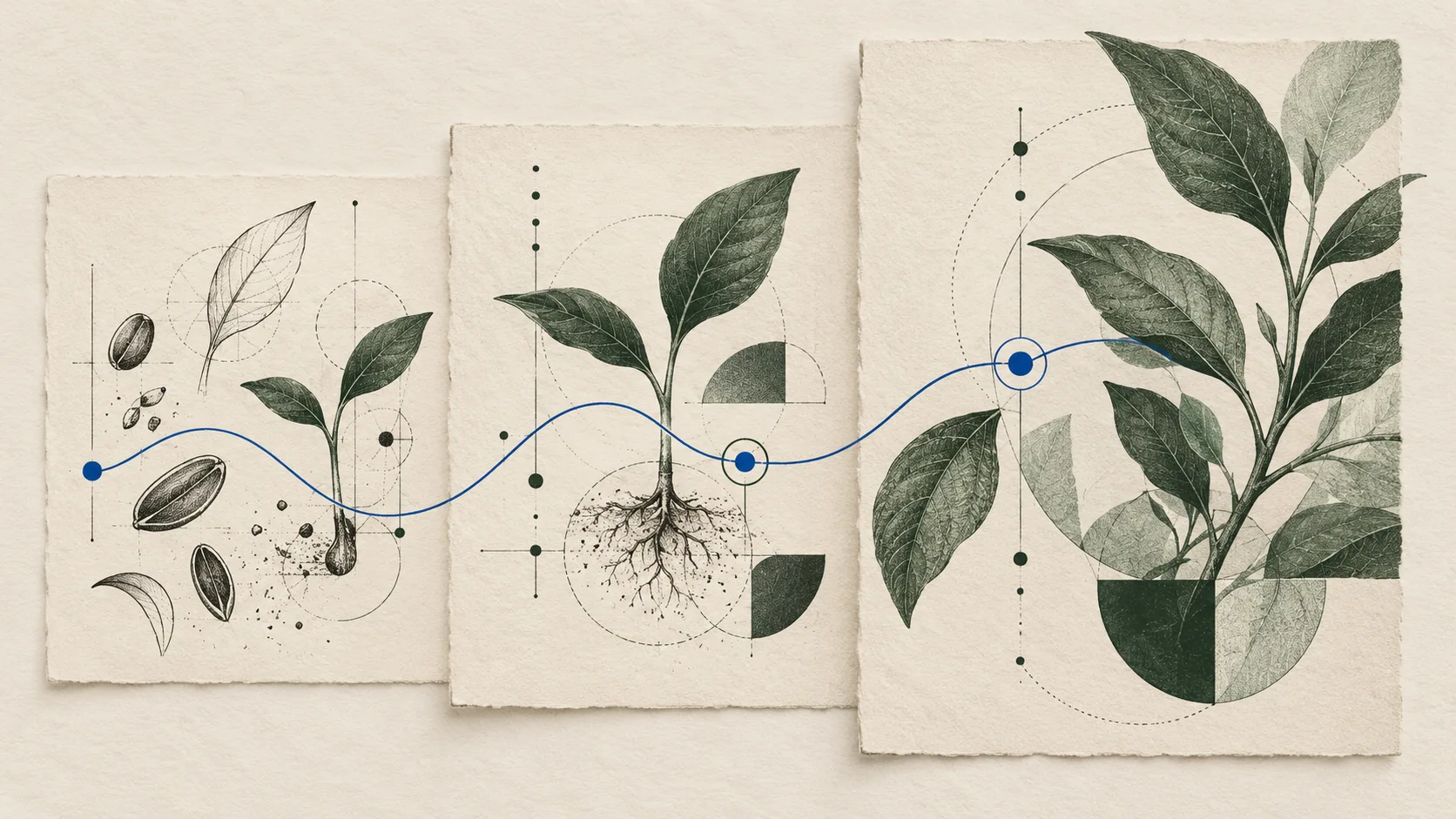 Botanical editorial illustration tracing a three-stage product journey.